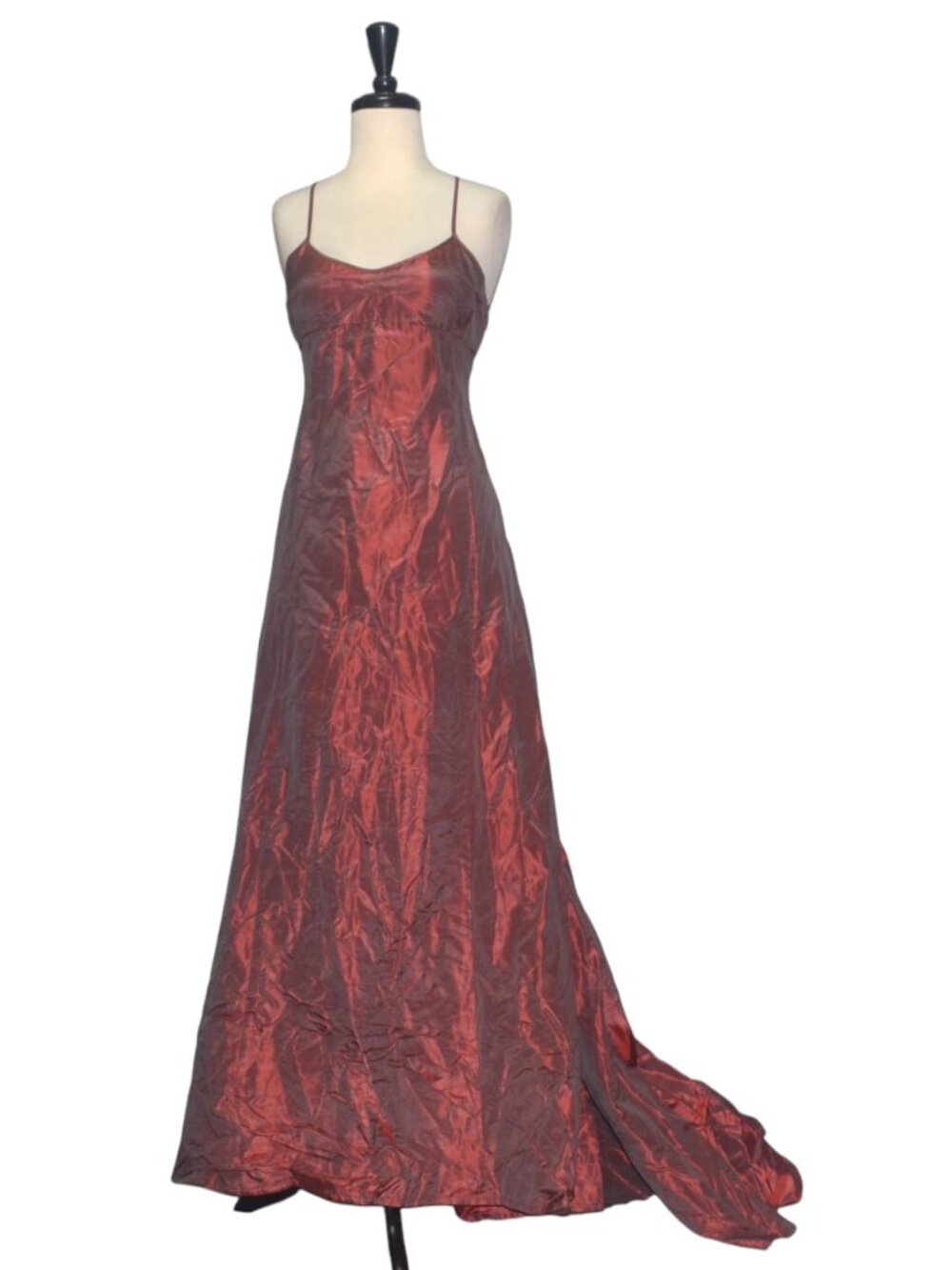 Vintage René Lezard Silk Burgundy Formal Gown Open Criss Cross Back Train 34 XS